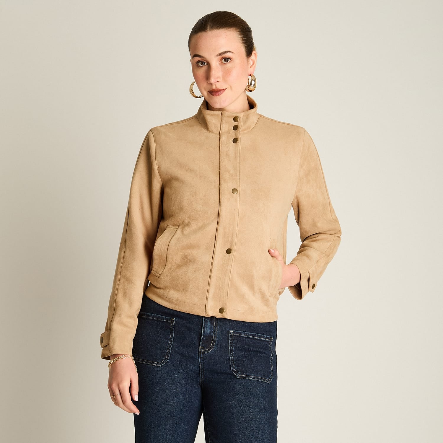 Chaqueta Camel Bomber Suede Bolsillos - Lorenzo di Pontti